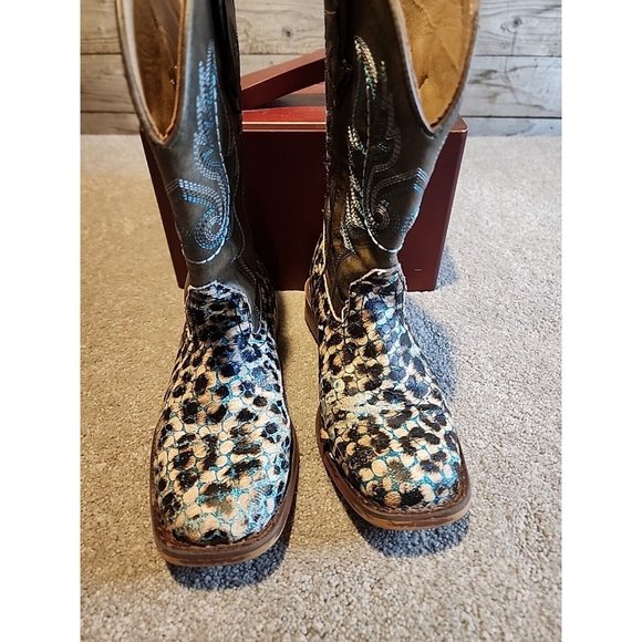 Roper Glitter Diamonds Cow  Leather Square Toe Pull On Western Boots Girls Sz 1 - Picture 6 of 14
